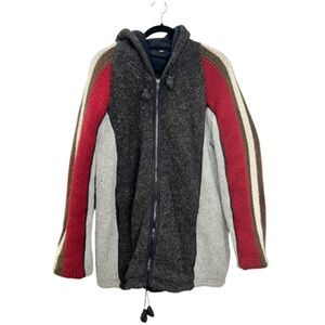 Made in Nepal 100% wool fleece lined grey stripe hooded sweater coat XL